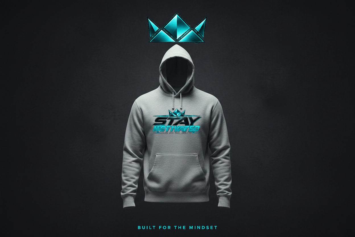 Stay Motivated Powerblend Hoodie with teal crown brand mark on dark cinematic background